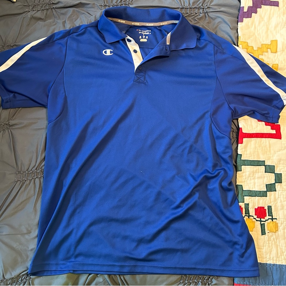 Champion Men’s Blue Polo with White Stripe Accents
